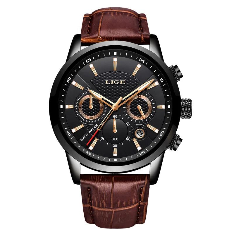 LIGE Fashion Leather Watch Men Army Military Quartz Mens Watches Top Brand Luxury Sports Waterproof Watch For Men Reloj Hombre