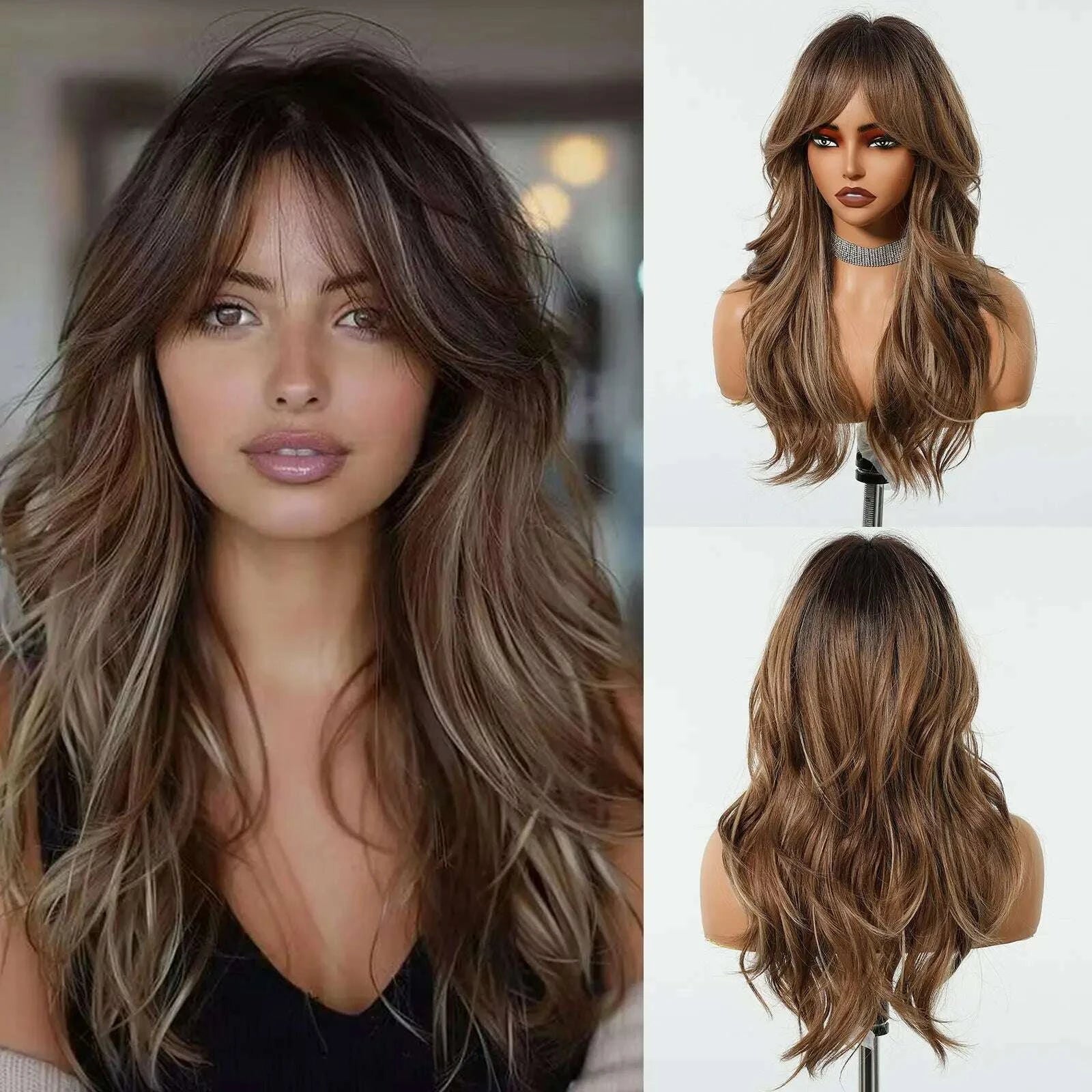 KIMLUD, Golden Blonde Mixed Synthetic Wig Dark Root Wavy Hair With Side Bangs for Women Daily Party Cosplay wig Heat Resistant Fiber, KIMLUD Womens Clothes
