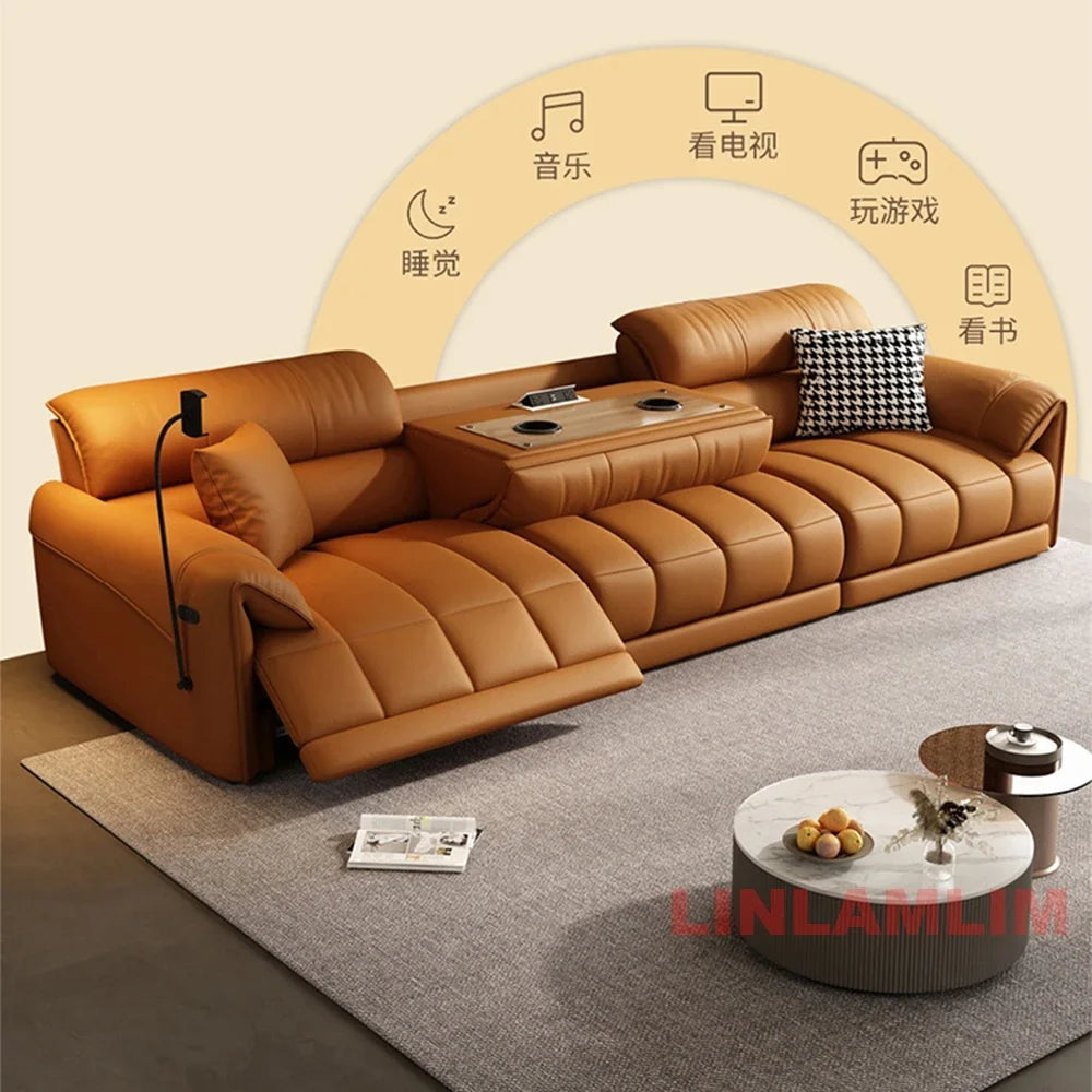 Italian Genuine Leather Electric Reclining Sofa With Adjustable Footrest USB And Foldable Center Console — Caramel Tan | KIMLUD