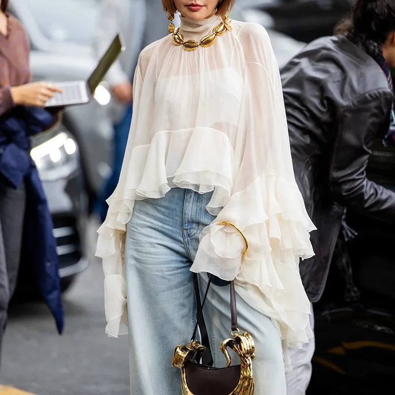 SuperAen Fashion Casual Style Shirt Women's 2025 Summer New Elegant Style Mesh Fungus Edge Design Long-sleeved Top