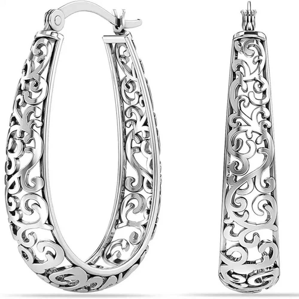 Retro Hollow Carved Scroll Filigree Teardrop Shape Hoop Earrings Oval Loop Earrings for Women Bohemian Party Statement Jewelry