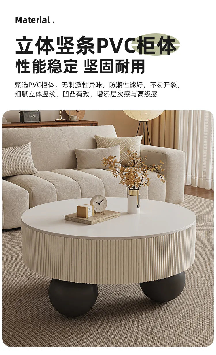 Minimalist Round Coffee Table With Storage Drawers — Ivory White | KIMLUD