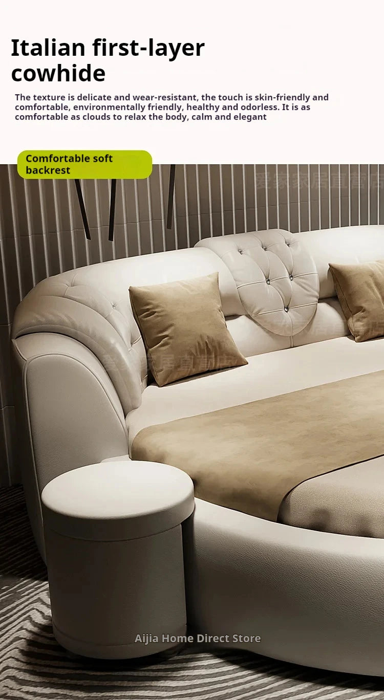 European Style Round Bed Luxury Leather Surface — Ivory White | KIMLUD
