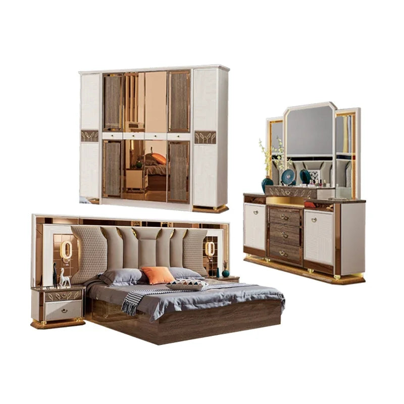 A Classic Royal Queen Wooden Double Leather Bed Room King Size Home Modern Luxury Full Mdf Turkish Bedroom Furniture Set