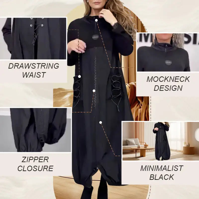 Women's Loose Shirt Dress Long- Sleeved With Mocha Collar And Drawstring Fashion High Quality Casual Dress Visually Stretched