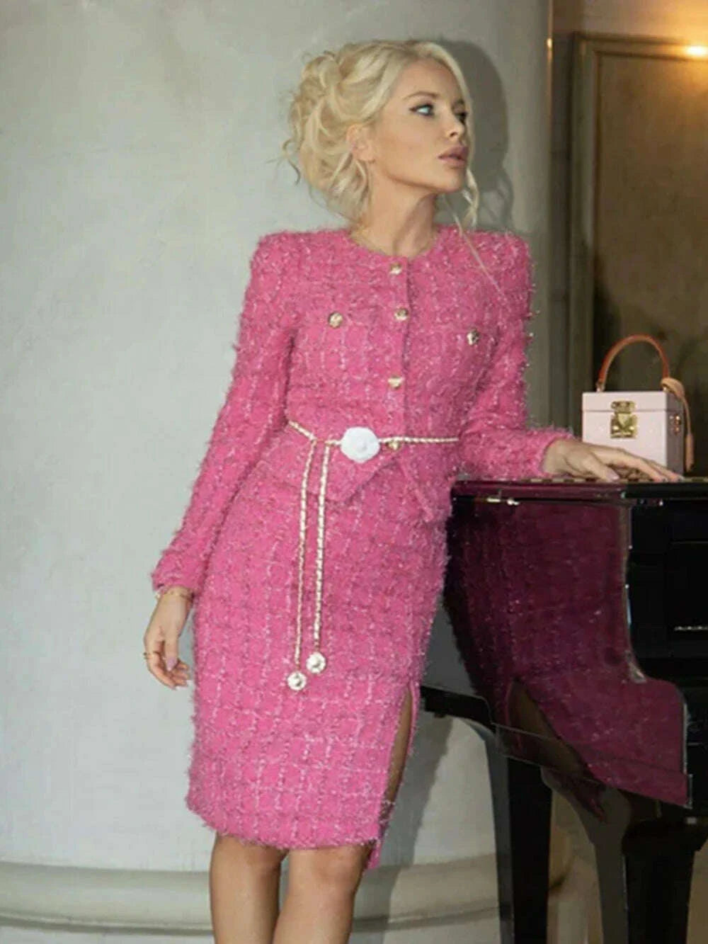 KIMLUD, Modphy Autumn Fashion Rose Red Woolen Two Piece Set Women Golden Button Chain Belt Tweed Short Jacket Coat+Split Midi Skirt Suit, KIMLUD Womens Clothes