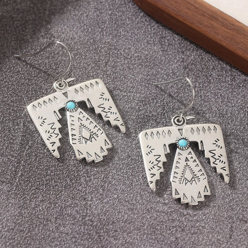 Ethnic Silver Color Imitation Turquoise Eagle Dangle Women's Earrings Geometry Party Daily Wear