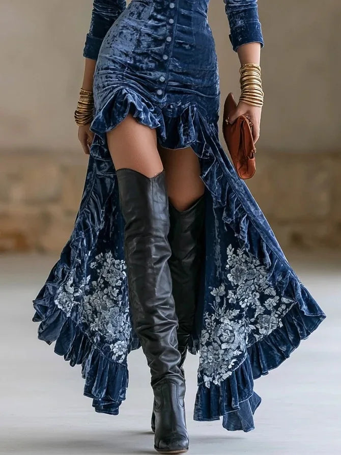 Women Deep V Neck Long Sleeve Velvet Dress Autumn New Swing Pleated Long Dress Autumn Long Sleeve Elegant Party Dresses