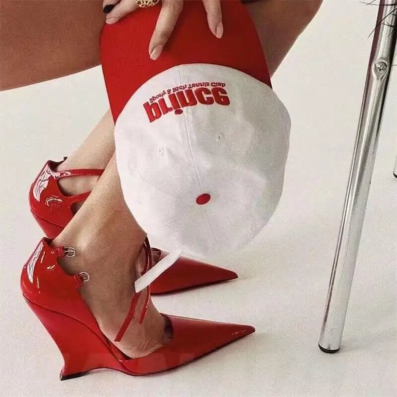Wedge Pumps Mary Jane Buckle Strap — Red Cherry | KIMLUD