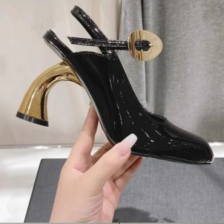 Leather Cross Strap Irregular Heel Sandals — Black | KIMLUD