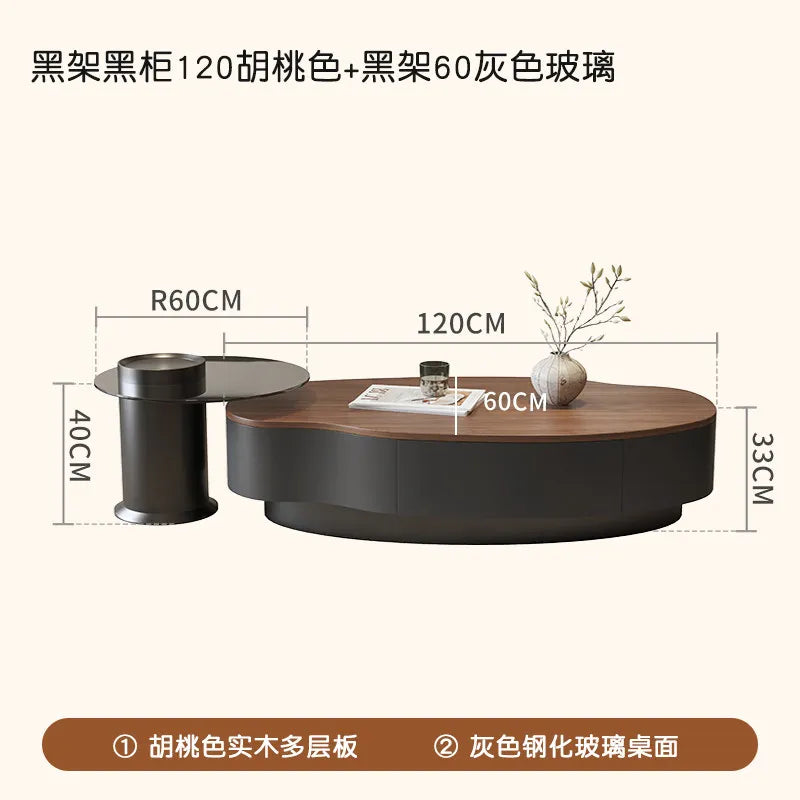 Solid Wood Minimalist Modern Coffee Table With Integrated Storage And Sculpted Edges — Walnut | KIMLUD
