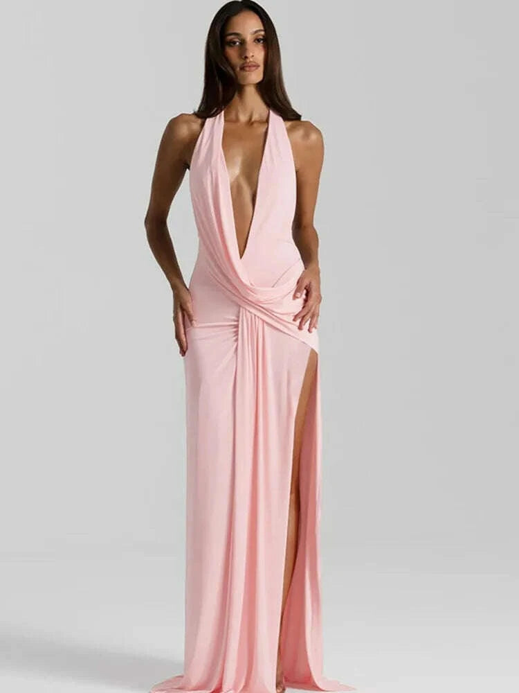 KIMLUD, Mozision Halter Deep V Neck Backless Sexy Maxi Dress Women Gown Fashion Irregular Sleeveless Thigh High Split Club Party Dresses, KIMLUD Womens Clothes