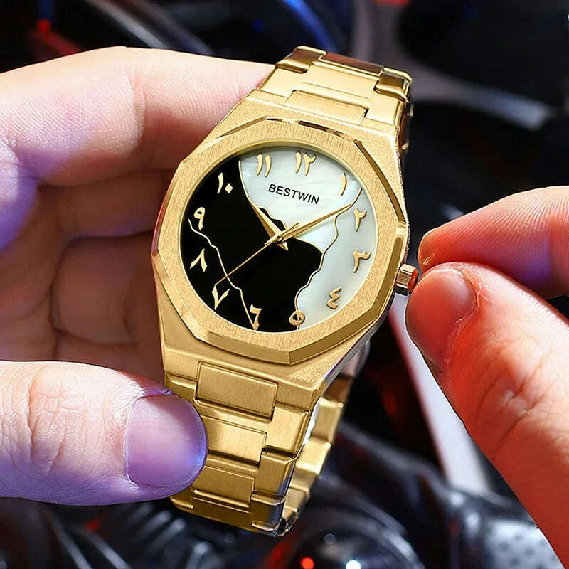 KIMLUD, Fashion Watches Men's Watch reloj hombre BESTWIN Creative Dial Gold Shell Face Business watches for men relogios masculino, KIMLUD Womens Clothes