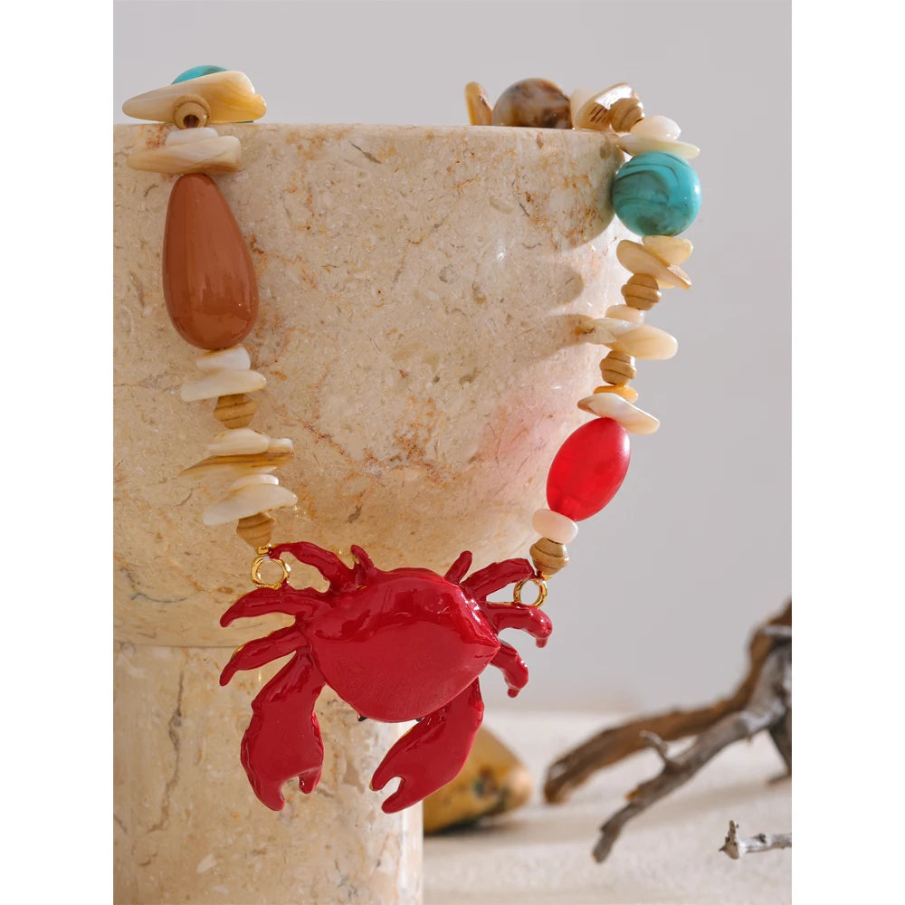 Shell Resin Ocean Style Crab Pendant Necklace — Red | KIMLUD