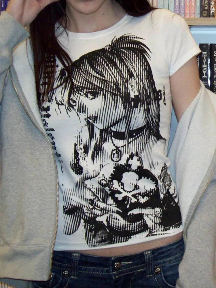 Women's Y2K Anime Streetwear O-Neck 90s Text Print Top Harajuku Vintage Crop Tee Aesthetic Emo Casual T-Shirt