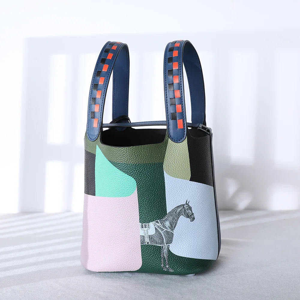 KIMLUD, Various Genuine Leather Luxury Bag Fashion Women's Handbag Vegetable Basket Style Portable Women Bucket Bag with Lock, KIMLUD Womens Clothes