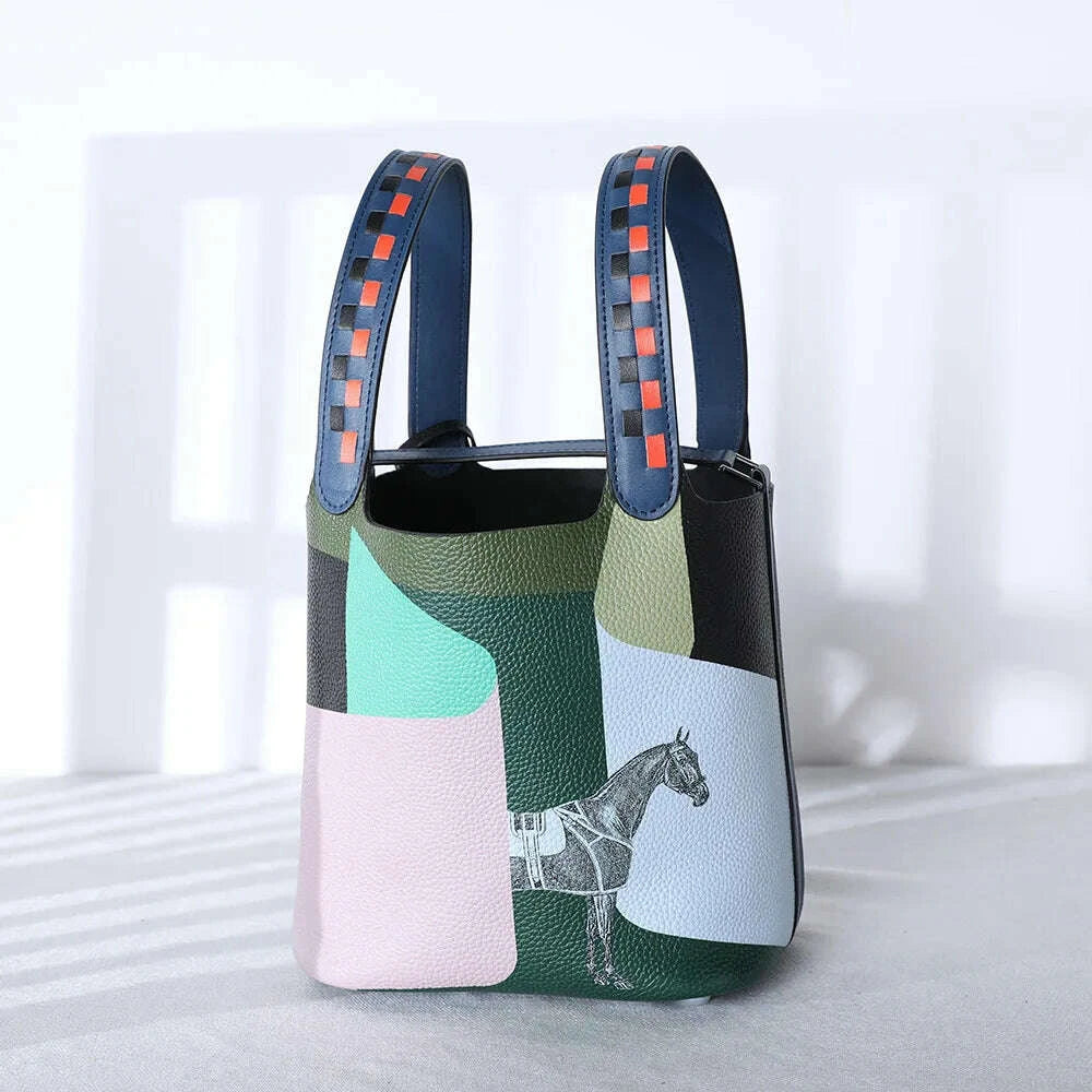 KIMLUD, Various Genuine Leather Luxury Bag Fashion Women's Handbag Vegetable Basket Style Portable Women Bucket Bag with Lock, KIMLUD Womens Clothes