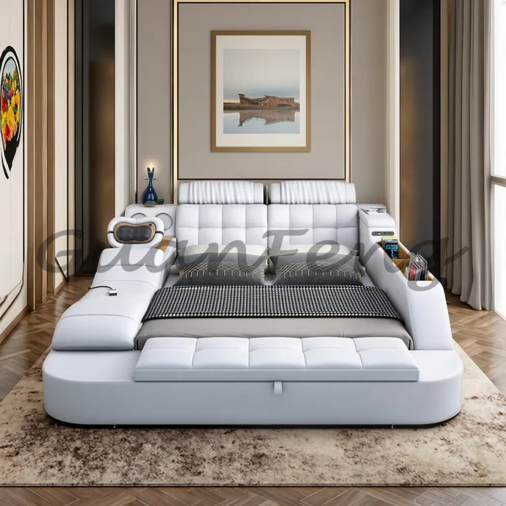Hotsale Luxury Leather Smart Bed Multifunctional Bed Tatami King Size Platform Upholstered Fabric Soft Bed Storage Music Speaker