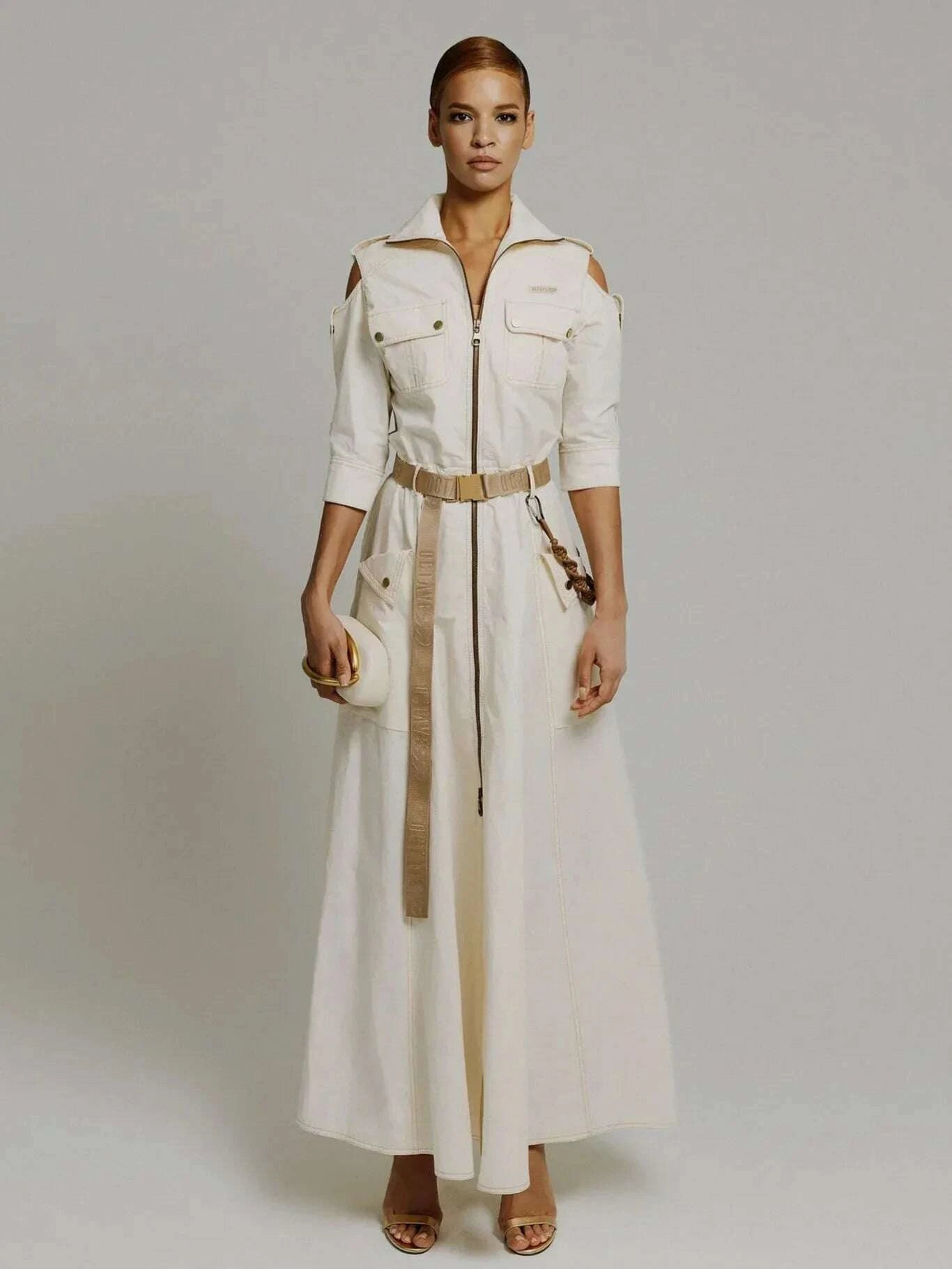 KIMLUD, Retro Maxi Shirt Dress Women 2025 Turndown Neck Half Sleeve Zipper Belt Pockets Long Dress Ladies Streetwear Women Clothes, KIMLUD Womens Clothes