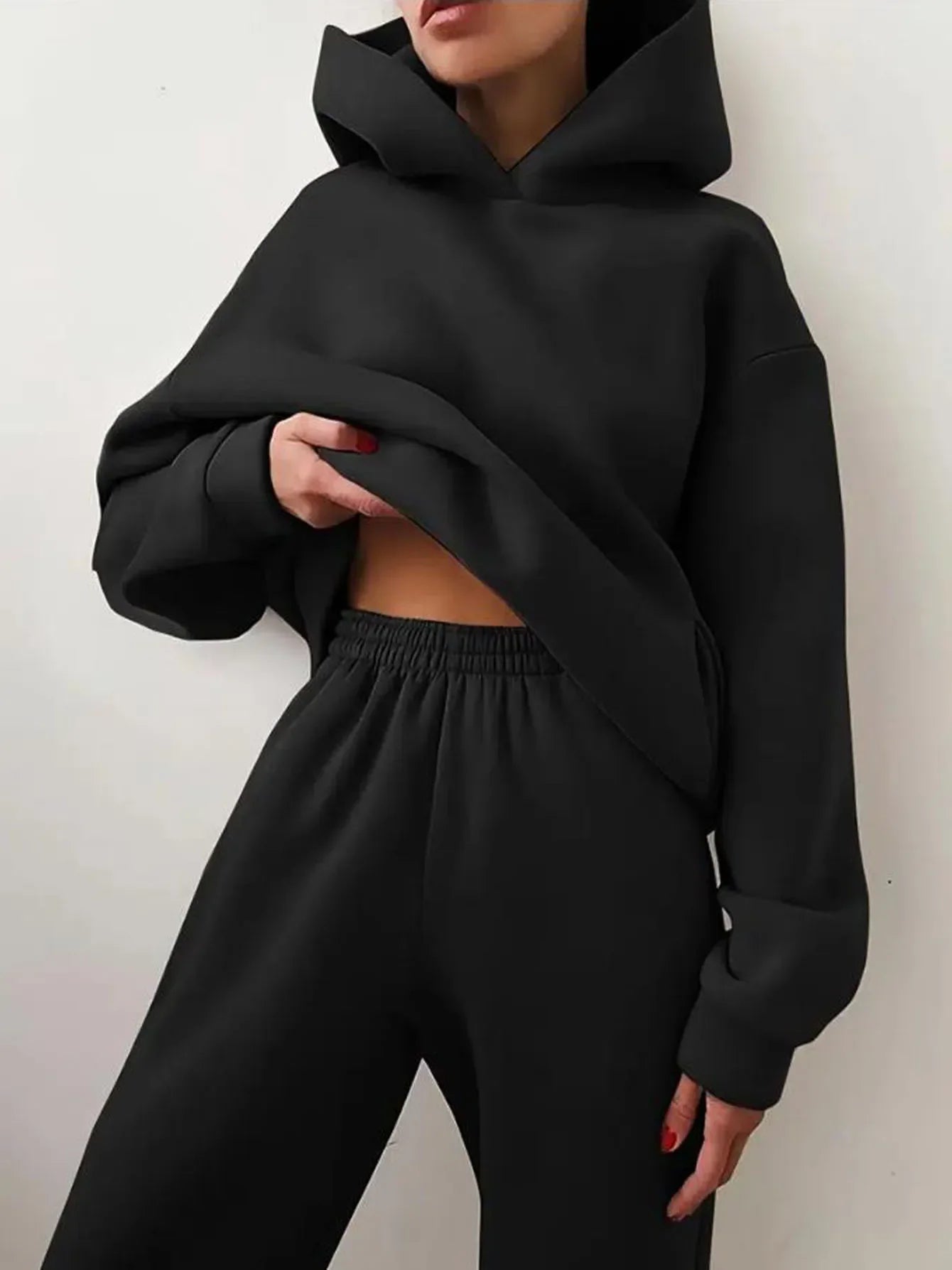 Fleece Tracksuit Two-Piece Hooded Set — Black | KIMLUD
