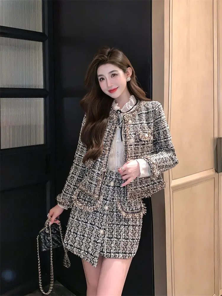 2025 Autumn Winter New Chic Two-Piece Skirt Women's Fashion Loose Burrs Elegant Sweet Tweed Jacket+Skirt Female Two-Piece Suit