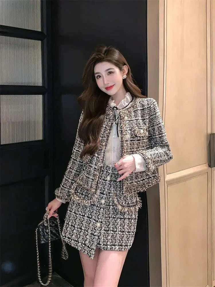 KIMLUD, 2025 Autumn Winter New Chic Two-Piece Skirt Women's Fashion Loose Burrs Elegant Sweet Tweed Jacket+Skirt Female Two-Piece Suit, KIMLUD Womens Clothes