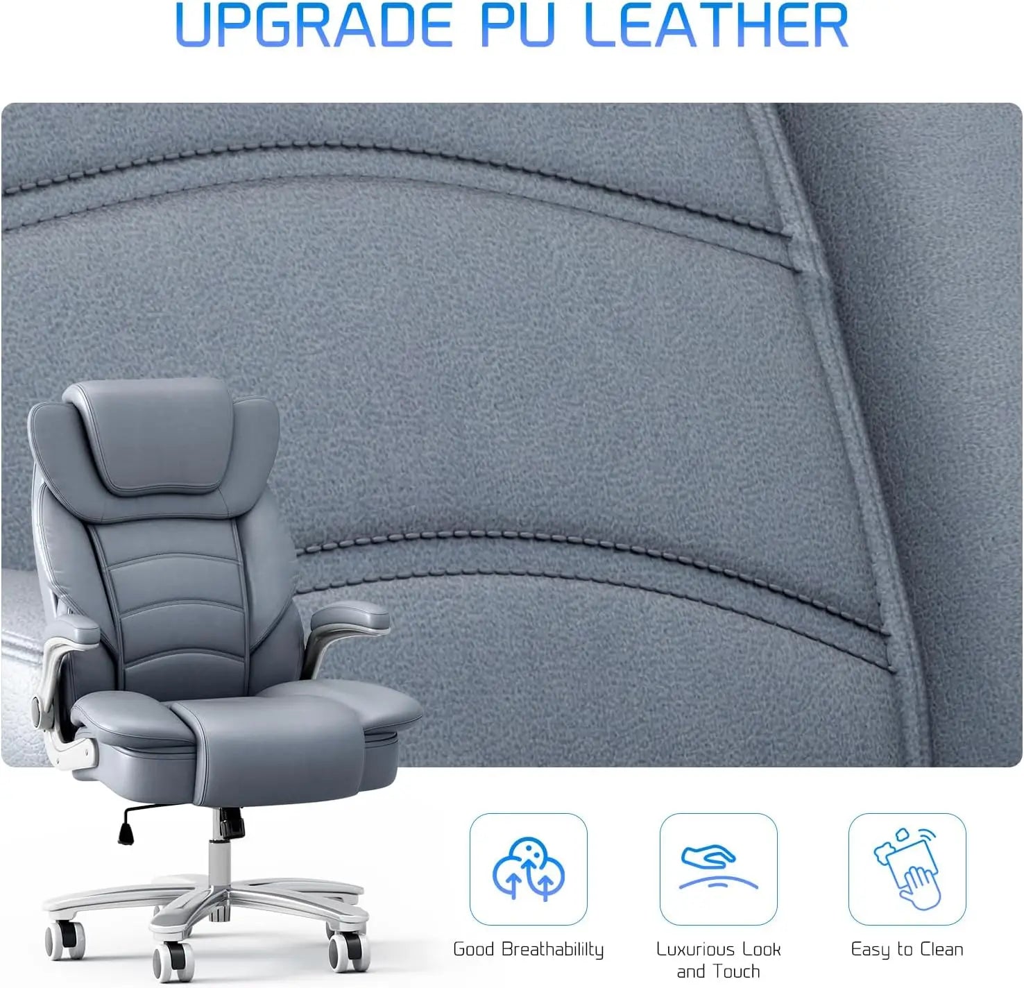 Office Chair 400lb Wide Seat, Ergonomic High Back Leather Executive Desk Chair with Flip-up Arms, Gray/Blue