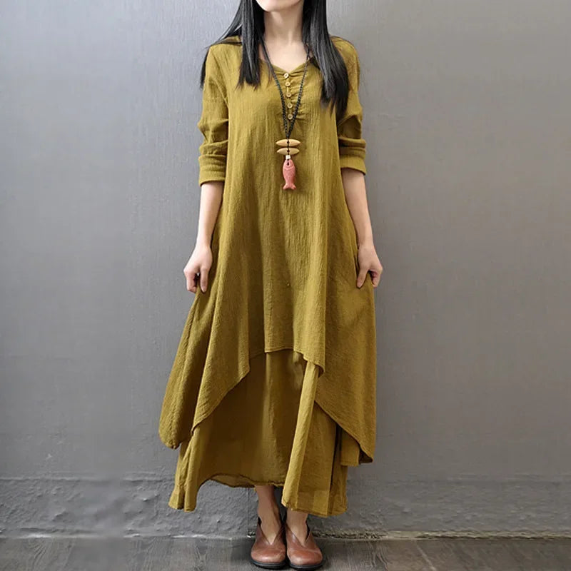 Linen-Blend Maxi Dress Relaxed Long-Sleeve Swing — Ivory | KIMLUD