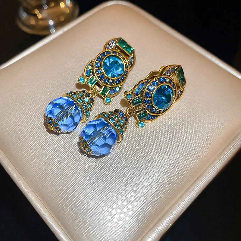 Crystal Water Drop Clip Earrings Round Rhinestones — Vintage Blue | KIMLUD