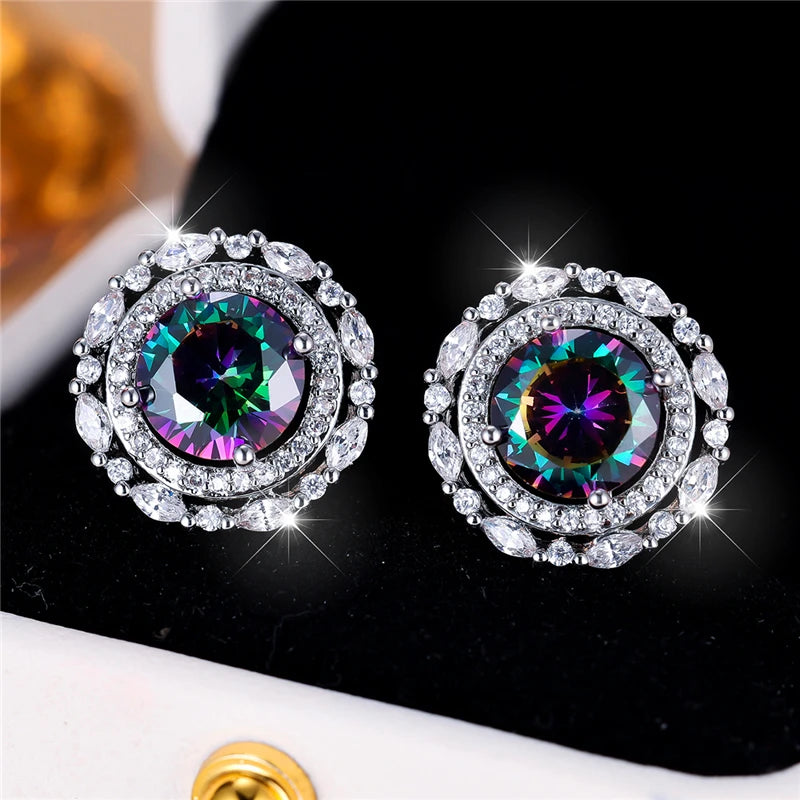Crystal Rainbow Zircon Stud Earrings Round — Silver | KIMLUD