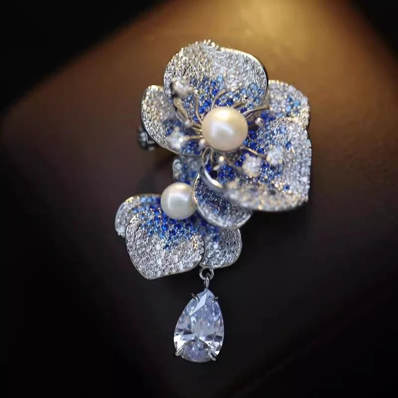 Crystal Zircon Pearl Brooch Flower Phalaenopsis — Blue | KIMLUD