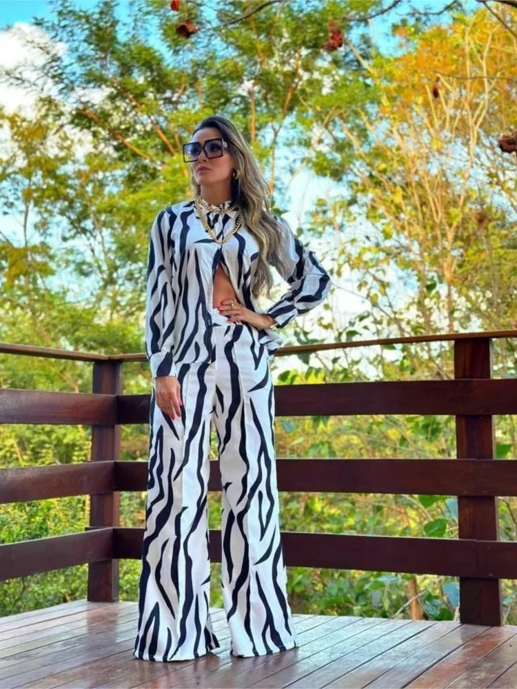 2023 Women's Casual Daily Shirt Set Floral Fashion Printed Shirt Spring Autumn Wide Leg Pants Women's Office Two-piece Set