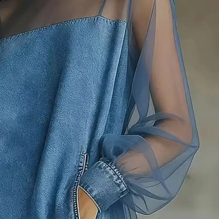 Women's Denim Mesh Patchwork Mini Dress Blue Vintage High Neck Sheer Long Sleeve Ruffle Hem Mesh Sheer Casual Streetwear Dresses