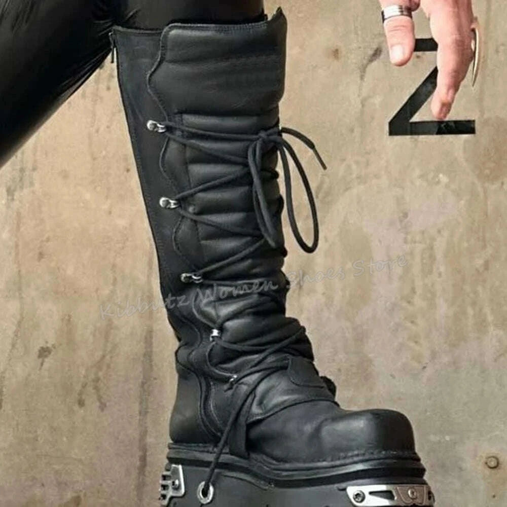 Rock Punk Motorcycle Boots Knee High Dark Style Round Toe Thick Bottom