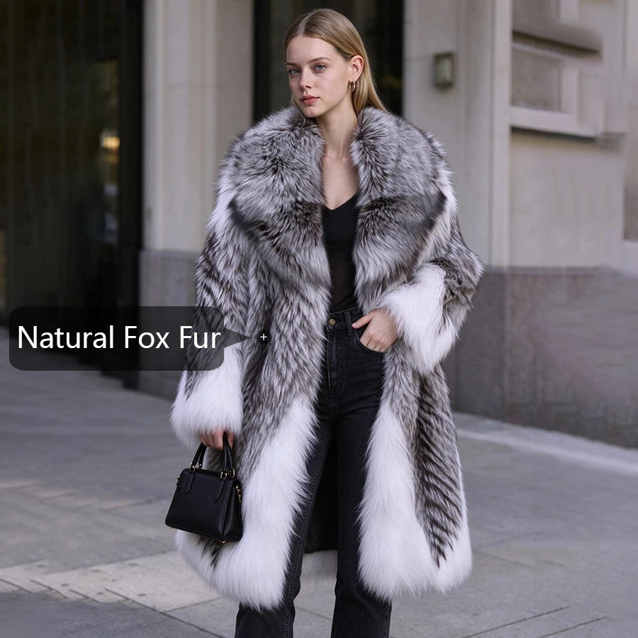 Fox Fur Coat – Turn-Down Collar – Fox Fur – Silver | KIMLUD