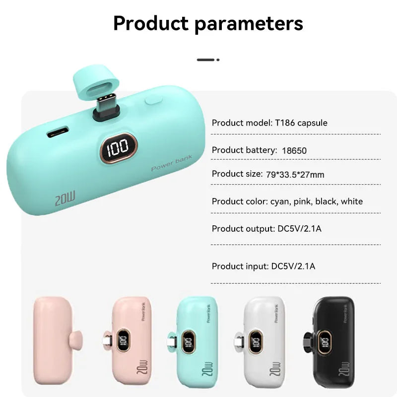 Mini Power Bank 2000/5000mAh Built Cable Portable Mobile Charger Fast Charger Spare Battery Capsule Power bank For iPhone Type-C