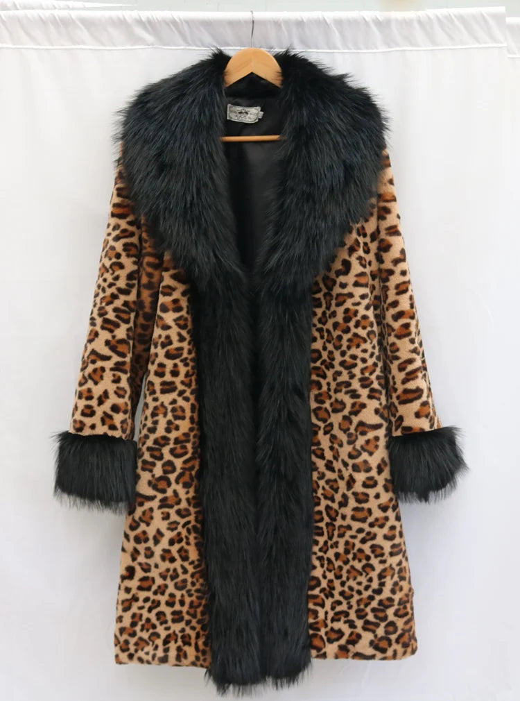 Women's leopard-print fur coat Long mink coat fox fur large fur collar winter trench coat loose and large size