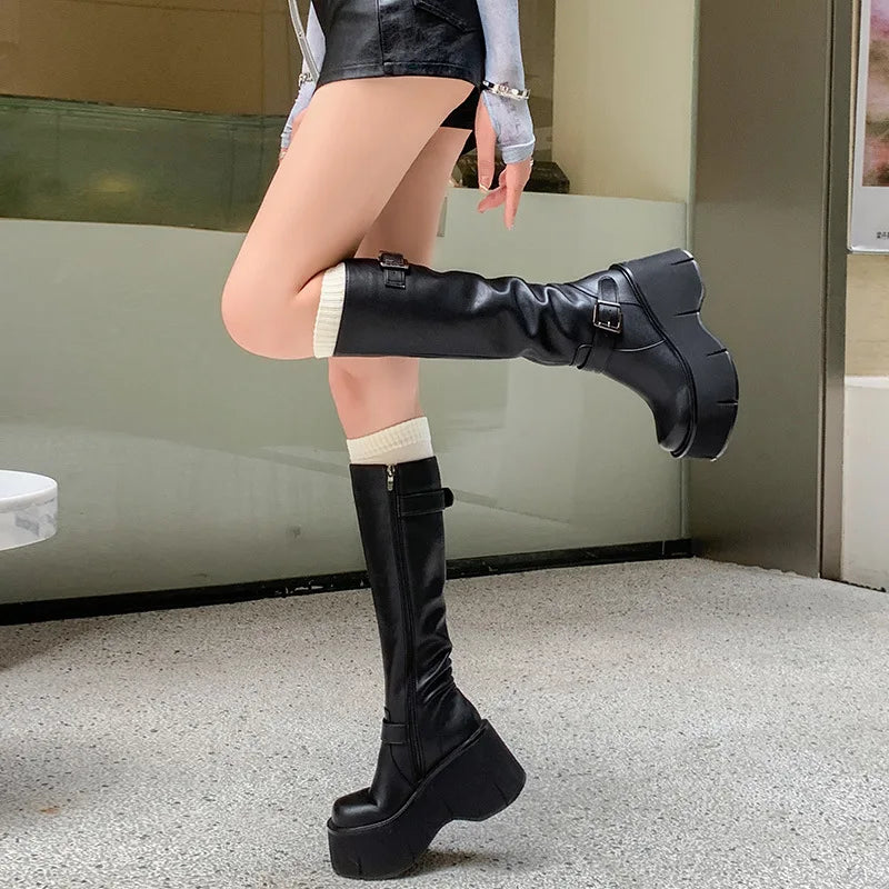 2024 Women's Shoes Basic Women's Boots Classics Knee-High Boots Women Belt Buckle Side Zip Round Toe Wedge Platform Shoes Ladies