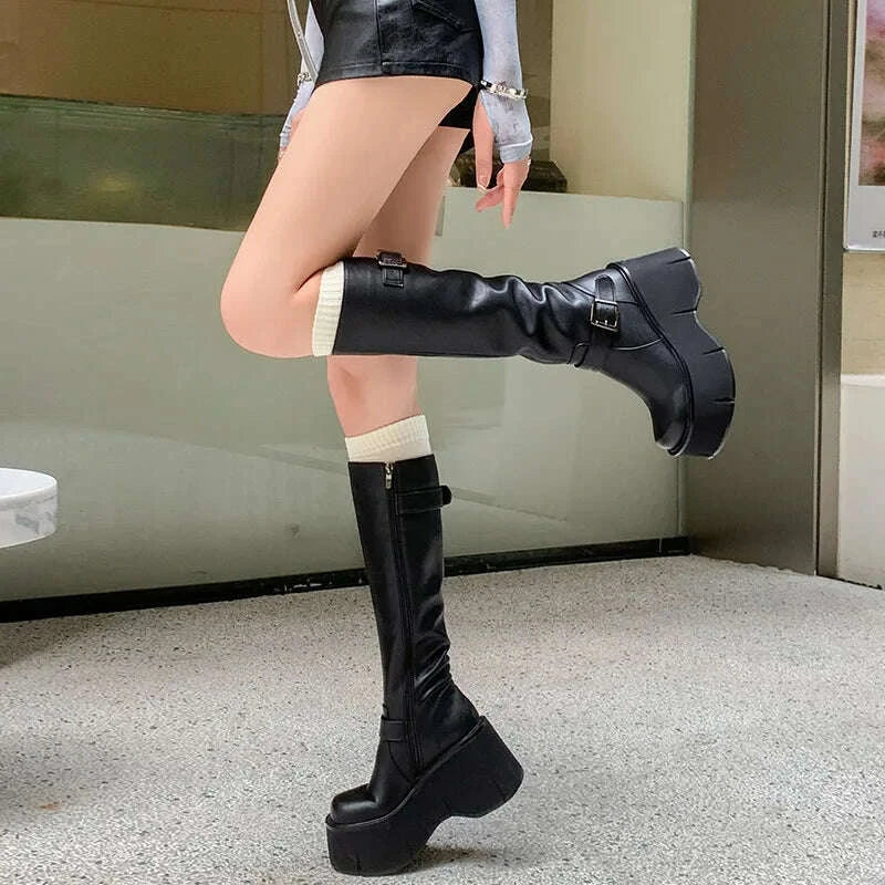 KIMLUD, 2024 Women's Shoes Basic Women's Boots Classics Knee-High Boots Women Belt Buckle Side Zip Round Toe Wedge Platform Shoes Ladies, KIMLUD Womens Clothes