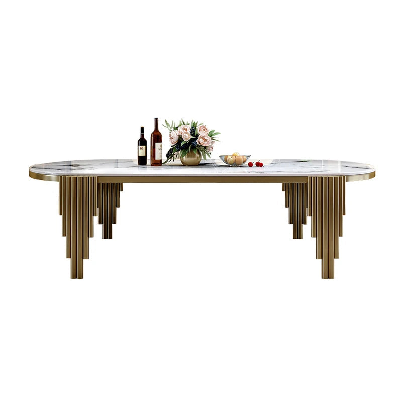 Stainless Steel Dining Set With Marble Table And Cream Upholstered Chairs — White | KIMLUD