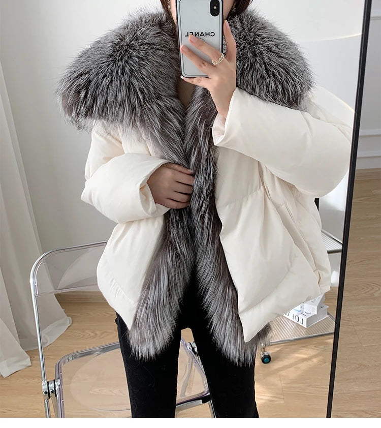 New Fashion Outerwear Puffer Jacket 2024 Women Coat White Duck Down Jacket Super Large Real Silver Fox Fur Collar Hooded
