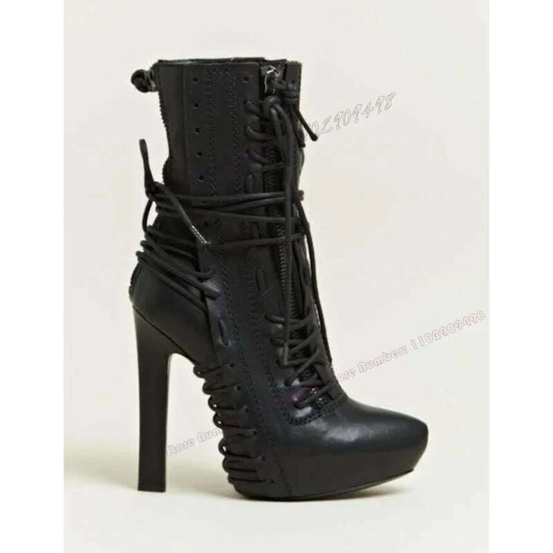 KIMLUD, Black Matte Leather Cross Tied Ankle Boots Po inted Toe Shoes for Women Thin High Heels Sexy Lady Shoes 2025 Zapatos Para Mujere, KIMLUD Womens Clothes