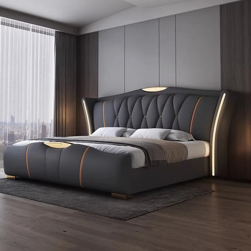 Leather Bed Frame With Lit Headboard — Ivory-Beige | KIMLUD