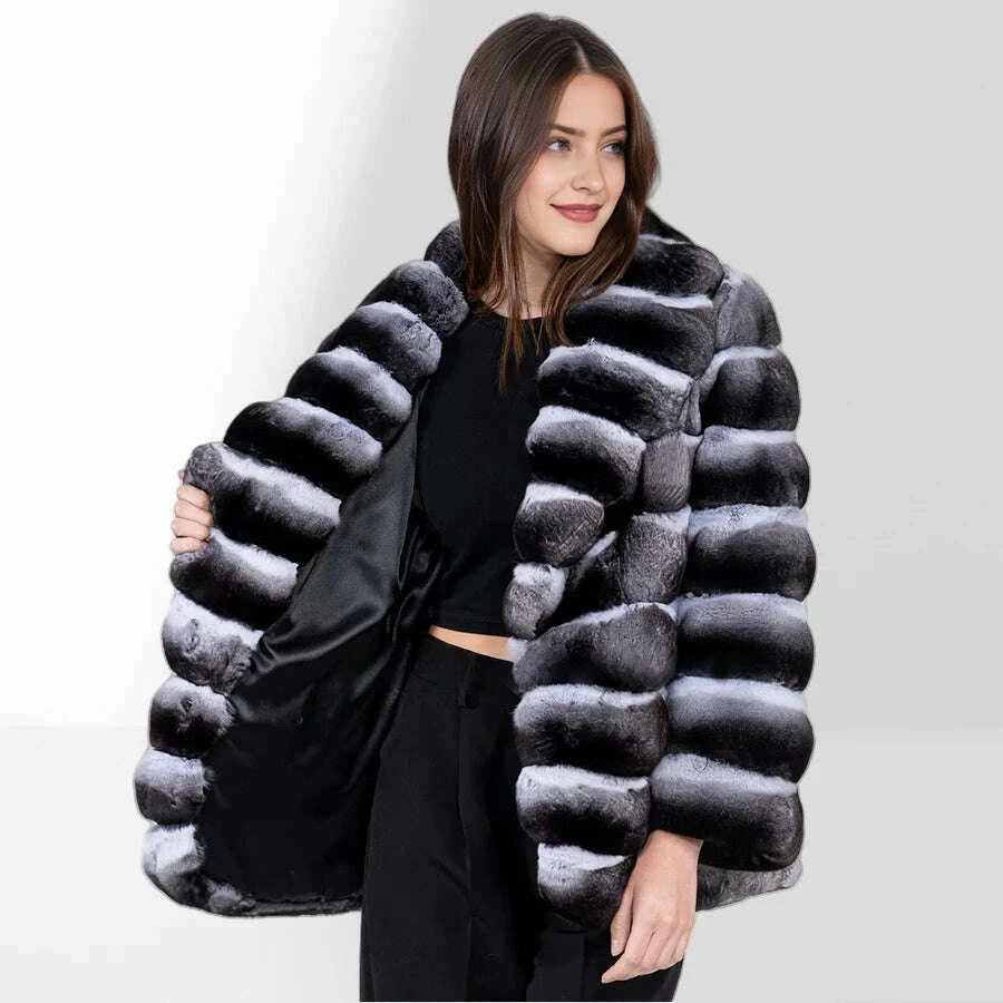 KIMLUD, Women's Winter Jacket Real Rex Rabbit Fur Jacket With Hood Chinchilla Color Fur Coat High Quality Genuine Leather Jackets, KIMLUD Womens Clothes