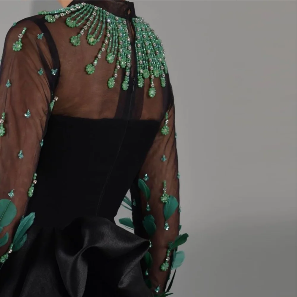 KIMLUD, Sharon Said Elegant Black Mermaid Evening Dress Dubai Luxury Emerald Green Beads Feathers Women Wedding Dresses Party Gowns, KIMLUD Womens Clothes