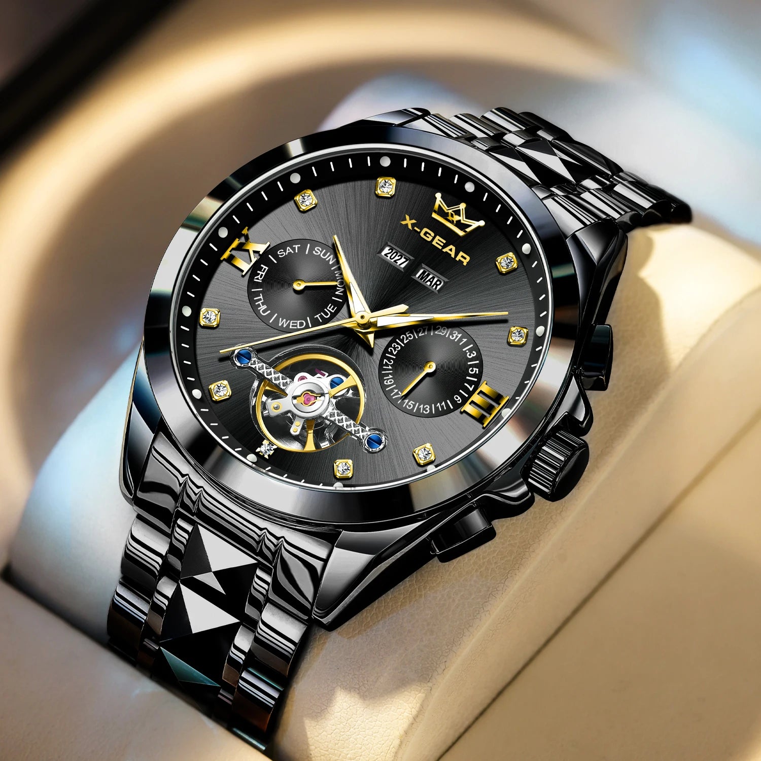 Men's Automatic Mechanical Watch with Tourbillon Waterproof Luminous Stainless Steel Strap Luxury Multi-Functional Timepiece