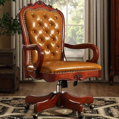 12American Genuine Leather Retro Carved Solid Wood Swivel Chair Office Chair Lift