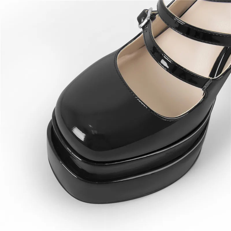 Pumps – Buckle Strap Platform – Patent Leather – Black | KIMLUD