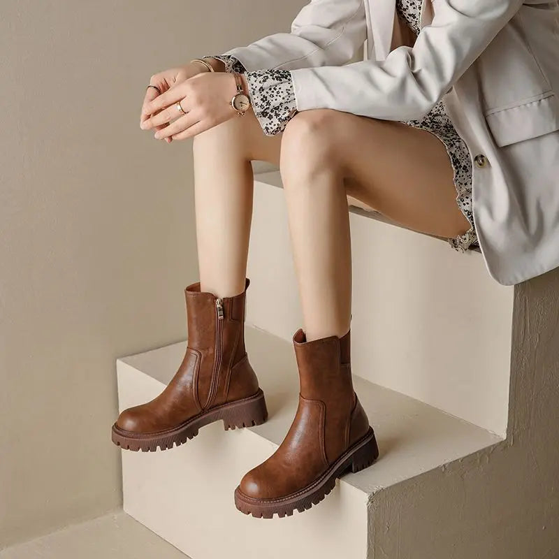 Women's Half High Boots Brown Round Toe Ladies Mid Calf Shoes Chelsea Flat Comfortable and Elegant Winter 2024 Novelty Cosplay