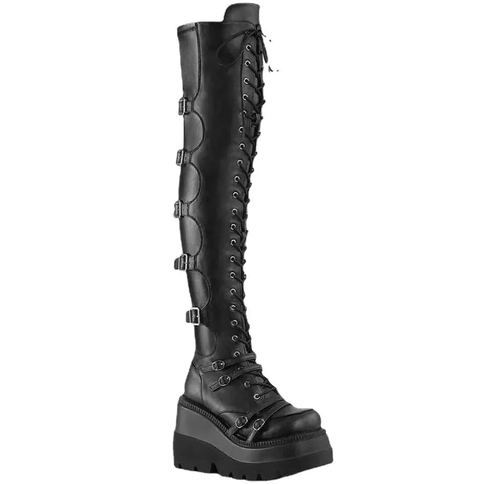 Fashion High Boots Women Platform Wedges Motorcycle Boot Over The Knee Army Stripper Heels Black Lace-up Belt Buckle Long Boots